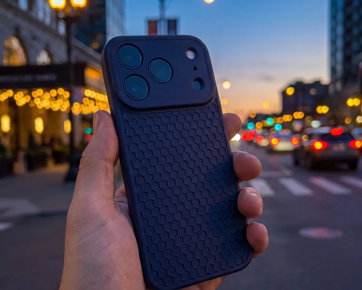 Hand holding a grippy iPhone case on a city street at dusk: HexGrip TPU phone case in Midnight Navy with raised honeycomb texture