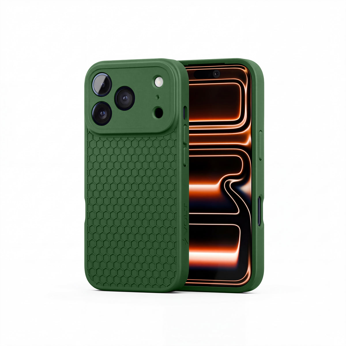 HexGrip iPhone 17 Pro & 18 Pro case in Recon Green with honeycomb grip texture