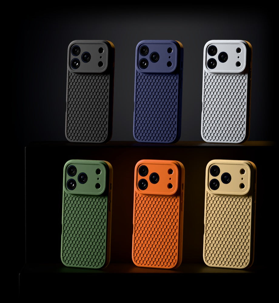 Six HexGrip iPhone 17 Pro cases on a shelf, one in each color