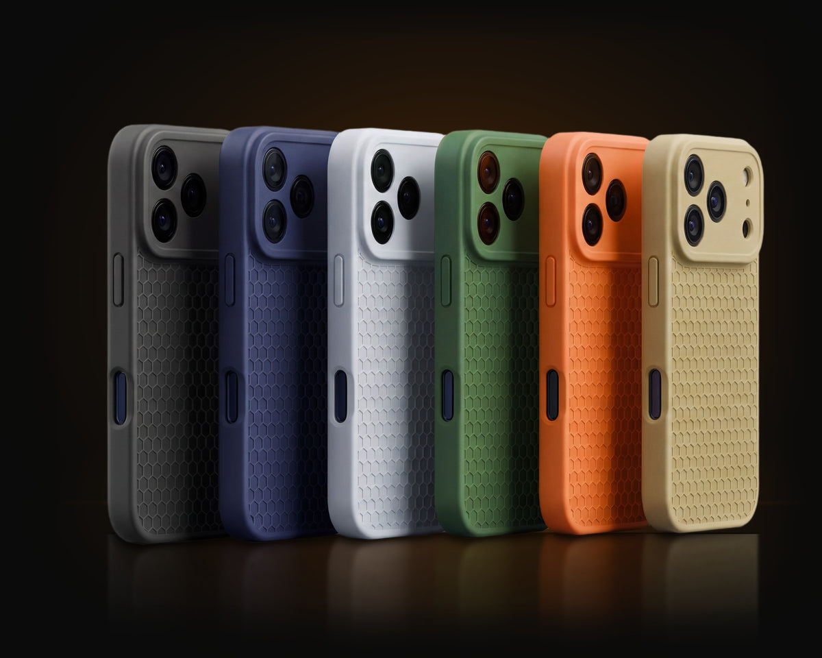 Six HexGrip iPhone 17 Pro cases in a row, one in each color